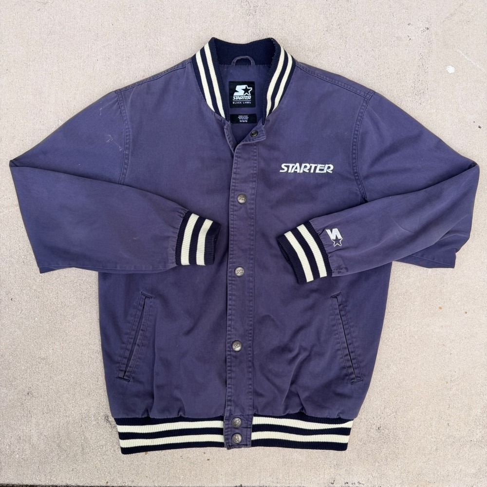 Starter Black Label Bomber Jacket Mens M Navy Blue Twill Sun Fade Varsity Satin